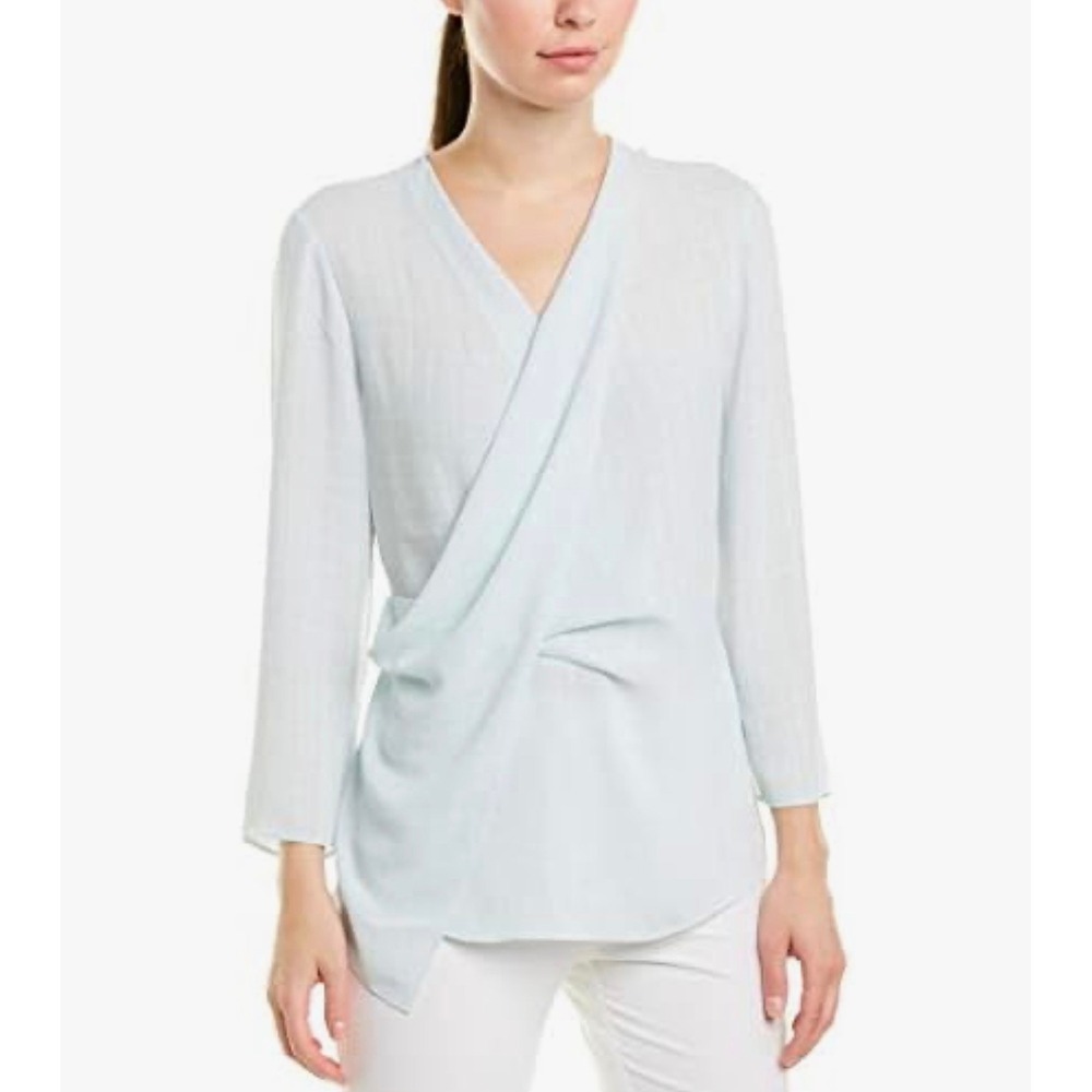 NIC+ZOE Surplice Draped Front Blouse Textured Plaid Long Sleeve Pastel Blue XL